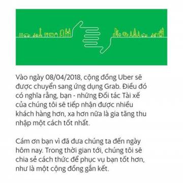 Từ 8/4, tài xế Uber Việt Nam chuyển sang Grab