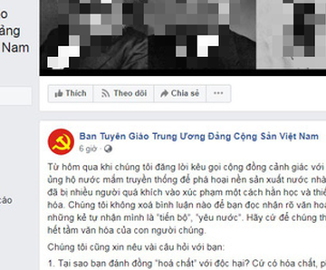 Facebook giả mạo Ban Tuyên giáo trung ương đưa tin giả vụ nước mắm